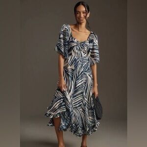 Hutch Navy and White print twisted front ruffle hem dress XS